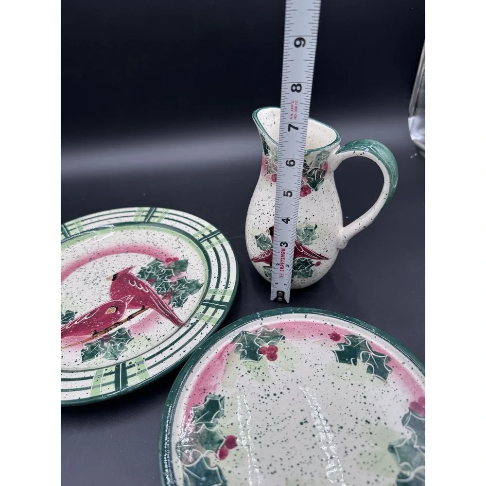 Vtg Christmas Cardinals Julie Ueland Cardinal Plate Cake Riser Plate Pitcher